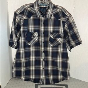 Blue and White Casual Button Down Shirt with Plaid Pattern